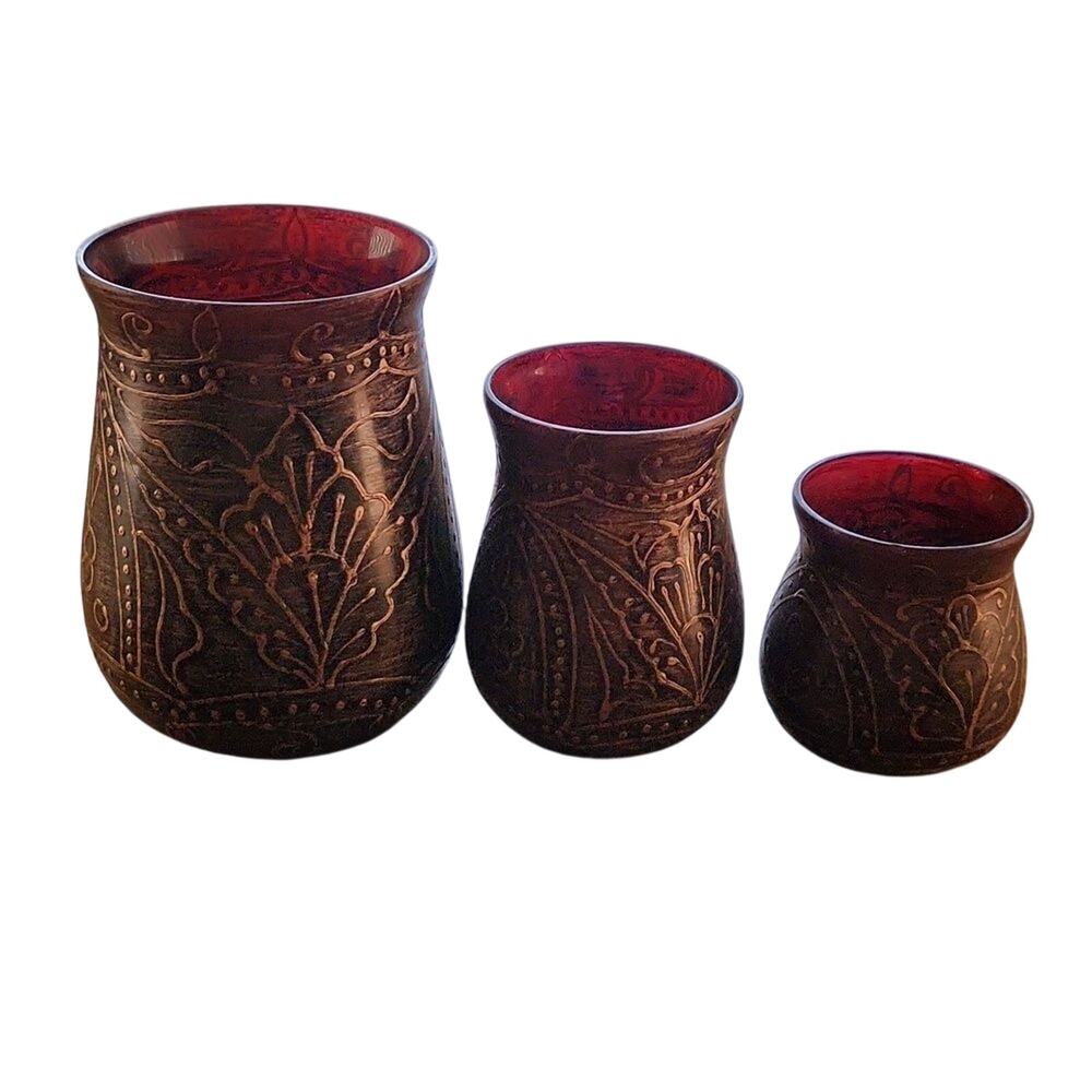 Unicef tealight candle holder set of 3, cranberry with gold raised flora…